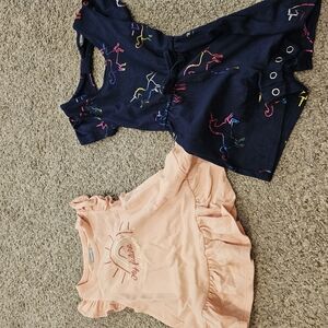 Colorful Dinosaur Romper and Peach Ruffle Top Set